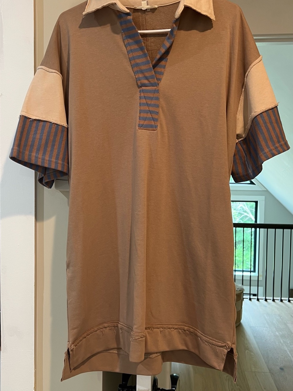 Men's Brown Short-Sleeve Polo with Striped Trim